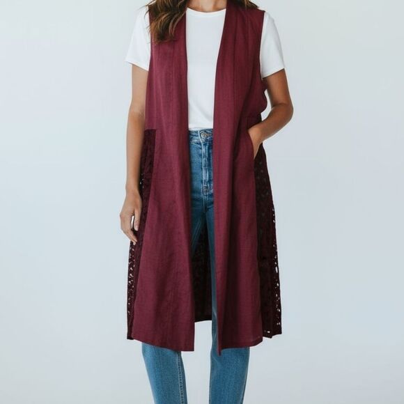 Burgandy Linen Vintage Boho Vest sz L - Picture 3 of 11